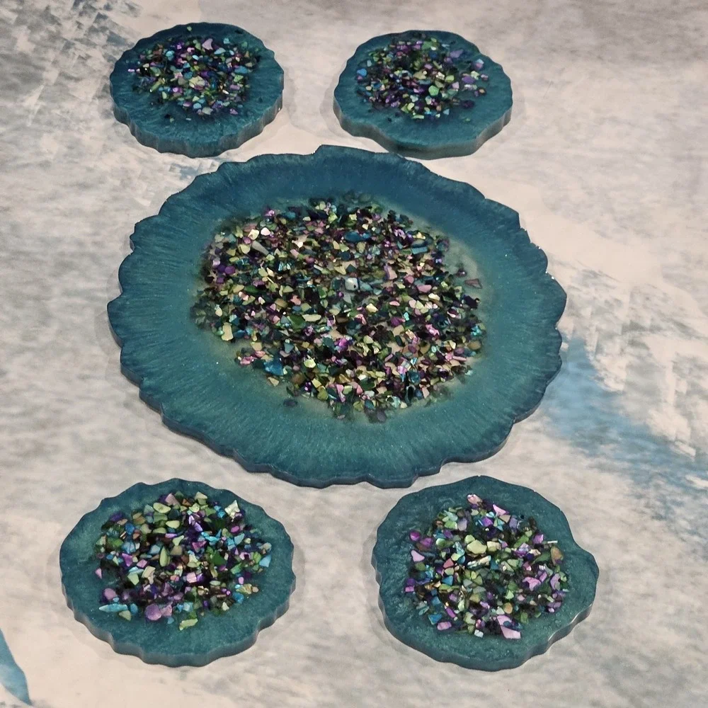 Handmade Teal Resin Coaster Set‎ Geode Style Iridescent Drink Coasters Set Of 5